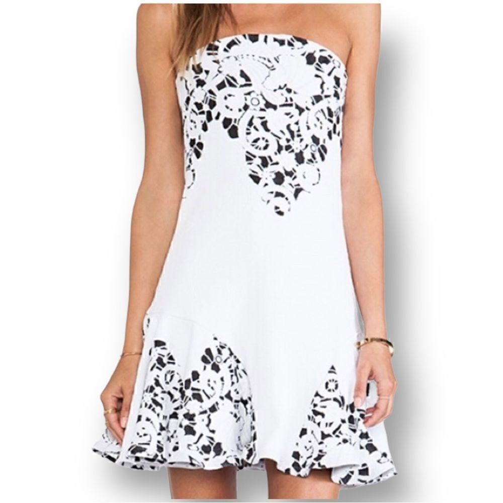 Alexis Black and White Floral Lace Strapless Mini Dress, Size Medium